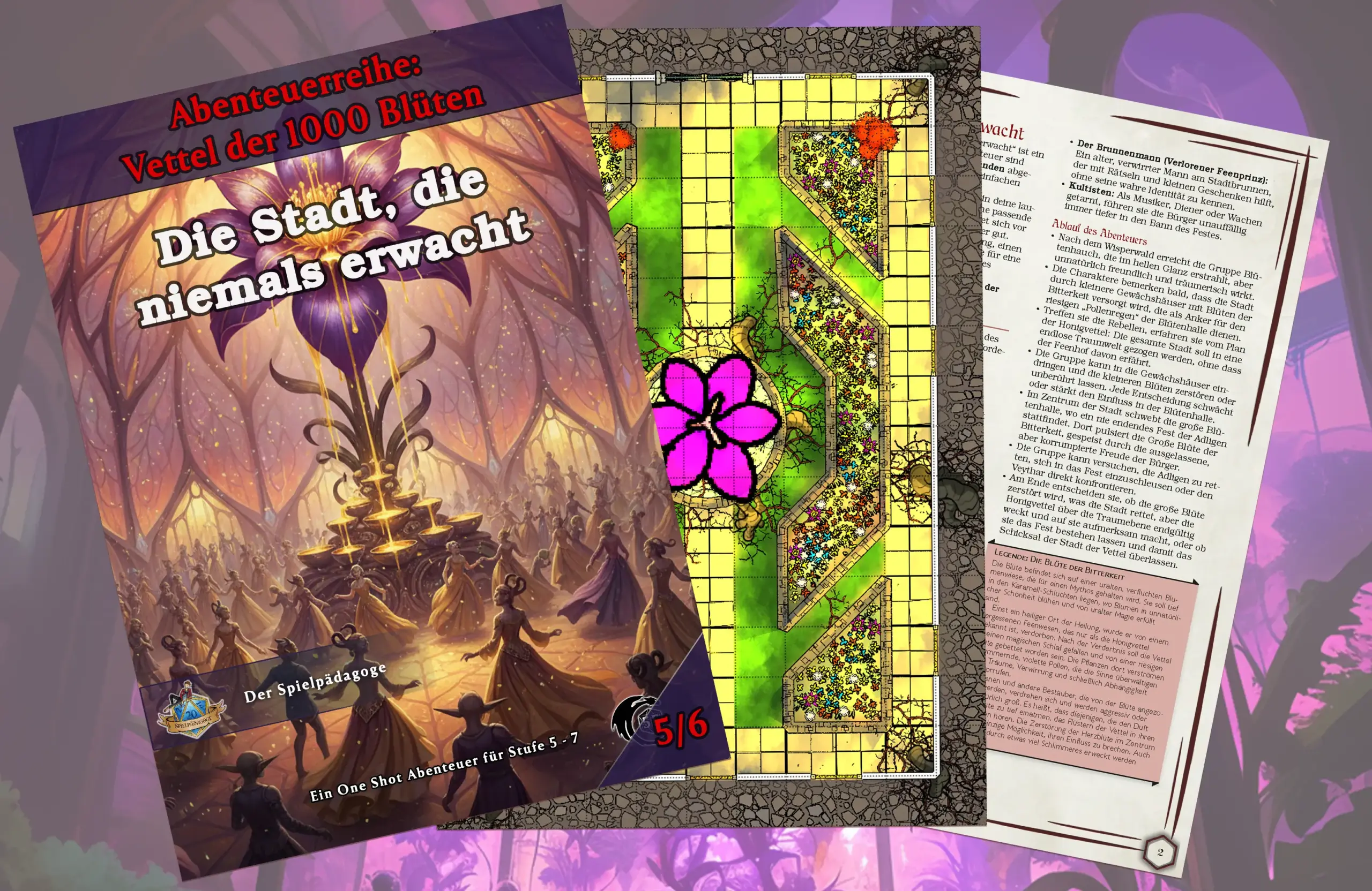 Bildübersicht mit Einblick in die Battlemap, die Zusammenfassung und das Coverbild zum DnD Anfänger Abenteuer Die Stadt, die niemals erwacht für D&D 5e.