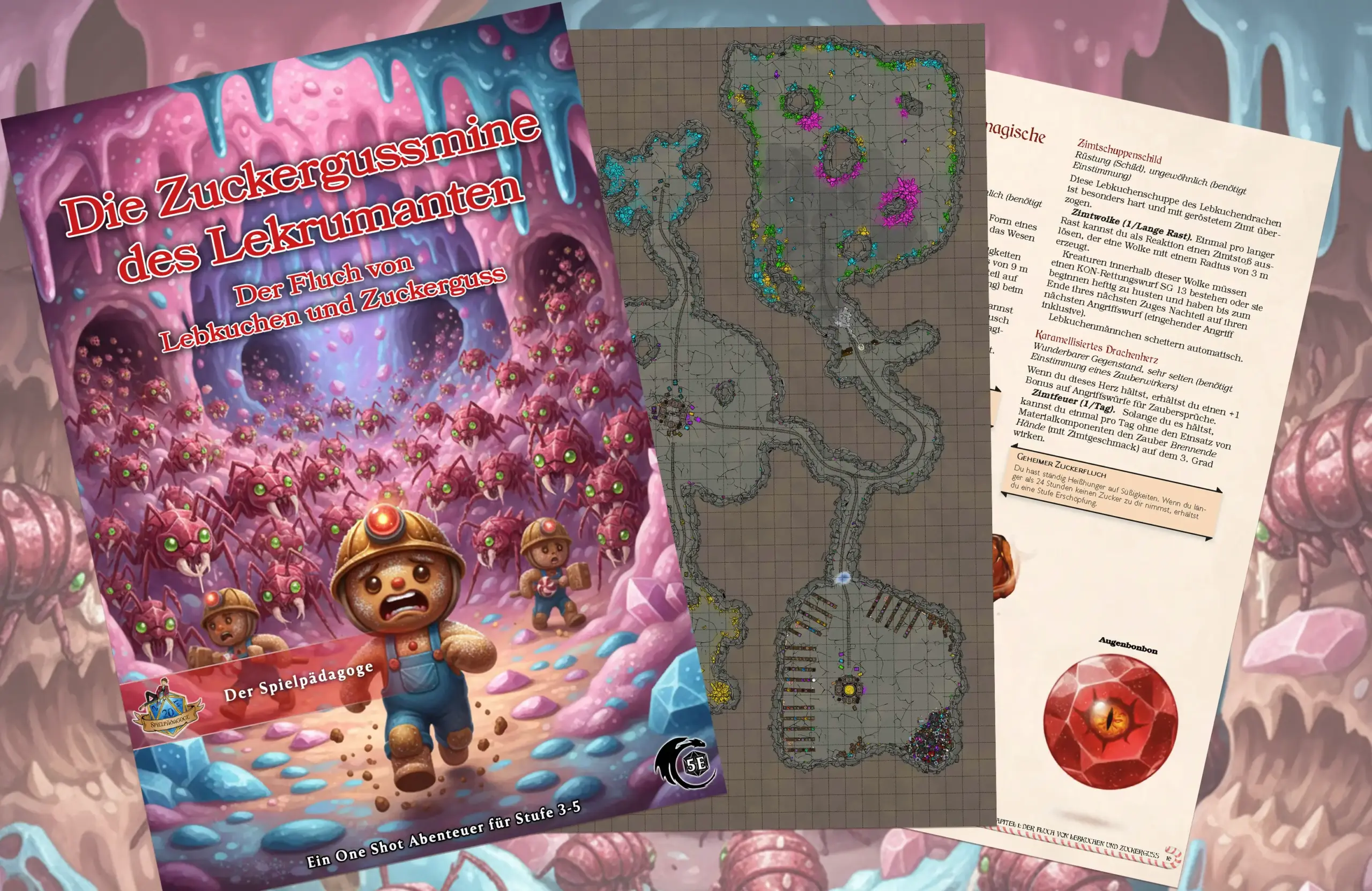Bildübersicht mit Einblick in die Battlemap, die magischen Gegenstände und das Coverbild zum DnD Weihnachts Oneshot Die Zuckergussmine des Lekrumanten für D&D 5e.