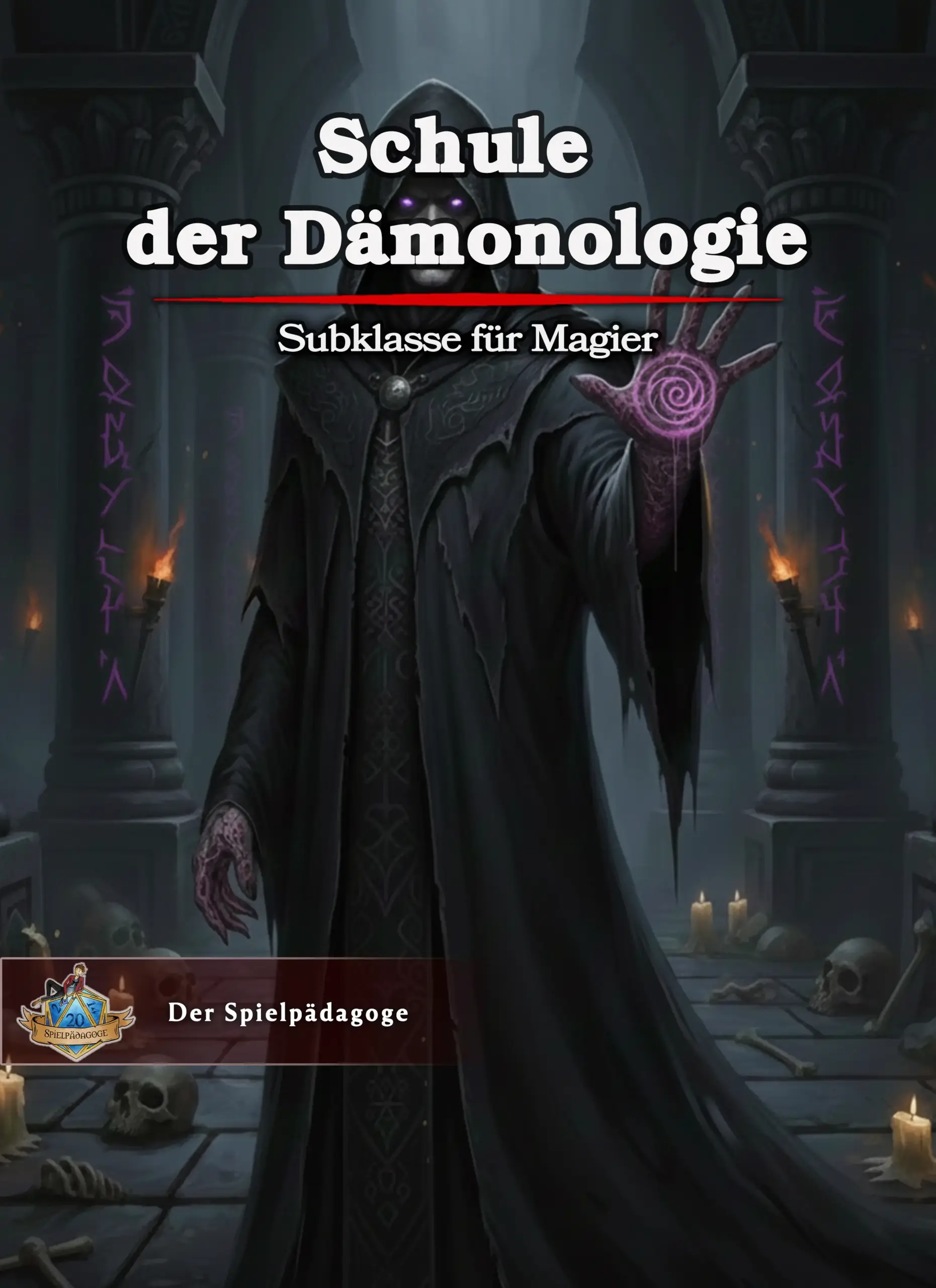 Auf dem Coverbild zur DnD Subklasse Magier Schule der Dämonologie ist ein in dunkle Kutten gehüllter Magier zu sehen, der inmitten einer düsteren Tempelruine steht und auf seiner Handfläche einen lila leuchten magischen Kreis formt, um einen Dämon zu beschwören.