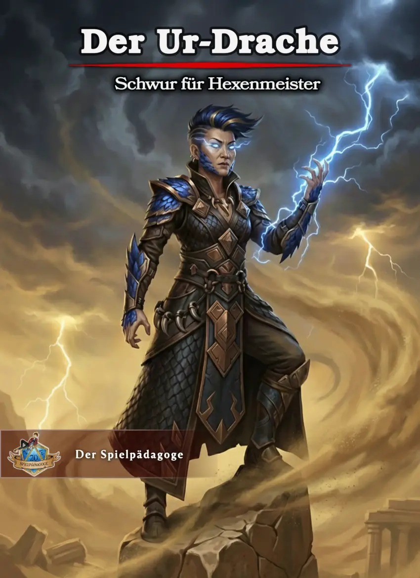 Auf dem Coverbild zur DnD Subklasse Hexenmeister Schwur mit dem Ur-Drache ist eine asiatische Frau mit kurzen Haaren mit blau-goldenen Strähnen zu sehen, die in einer Drachenschuppenlederrüstung auf einem Fels in einer Wüste steht und Blitze beschwört.