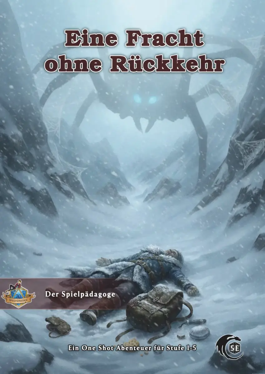 Auf dem Coverbild für das DnD Winter Abenteuer Eine Fracht ohne Rückkehr ist eine Leiche auf einem verschneiten Bergpass zu sehen. Im Hintergrund lauert eine Frostspinne.