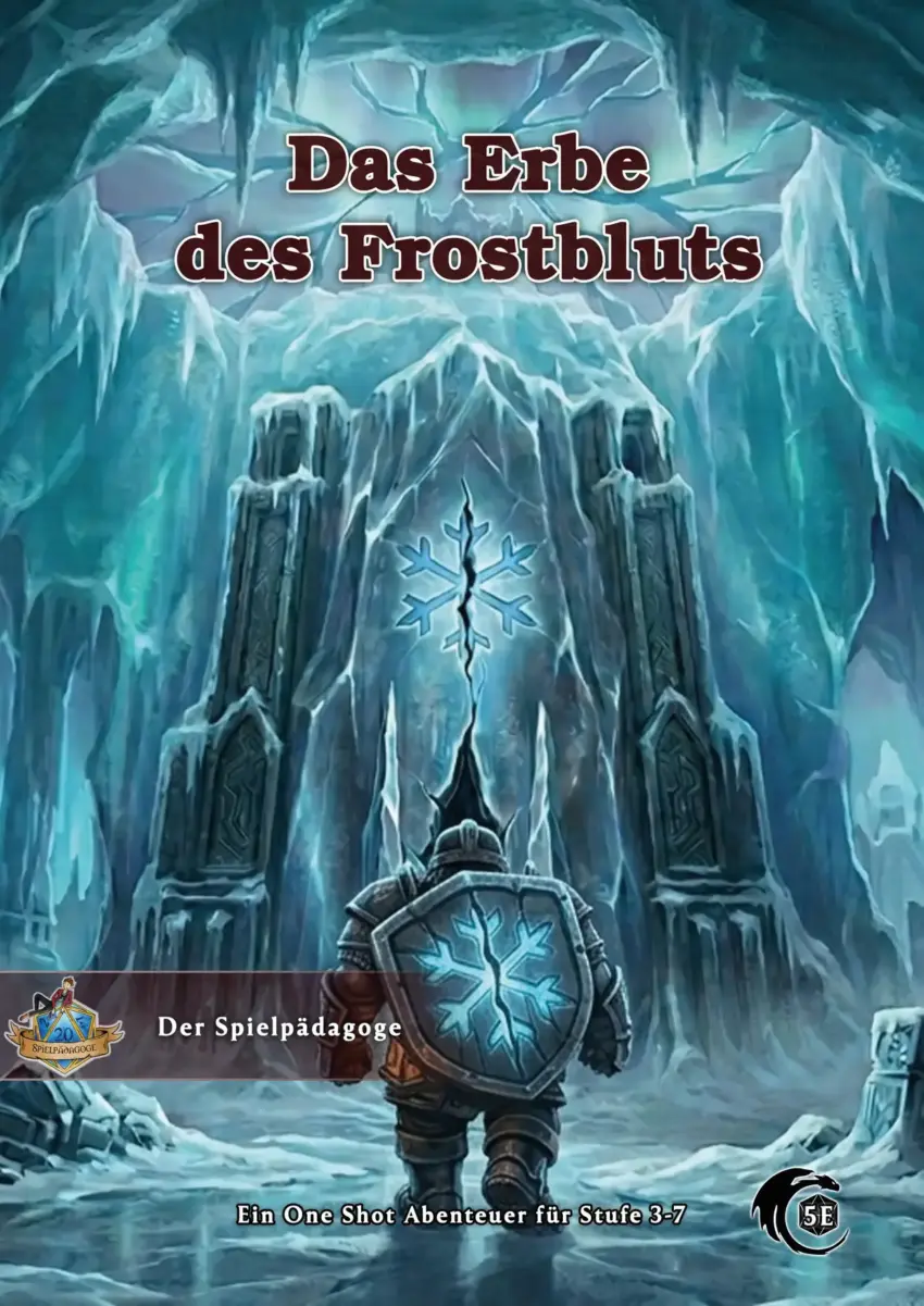 Auf dem Coverbild für das DnD Winter Abenteuer Das Erbe des Frostbluts ist ein Zwerg zu sehen, wir er auf den Tempel der zwergischen Gottheit Maelakmor. Der Tempel besteht aus gefrorenem Gestein und Eis. Er wird von einem Frostsymbol verziert, welches in der Mitte ein Riss hat.