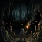 Das Beitragsbild zum Blogartikel Dunkelsicht in D&D: Warum deine Dunkelsicht für den A**** ist beinhaltet im Vordergrund eine Tiefengnom-Klerikerin, die in einer dunklen Höhle steht und deren Fackel gerade erlischt. Im Hintergrund sind in der Dunkelheit viele Monsteraugen zu erkennen.