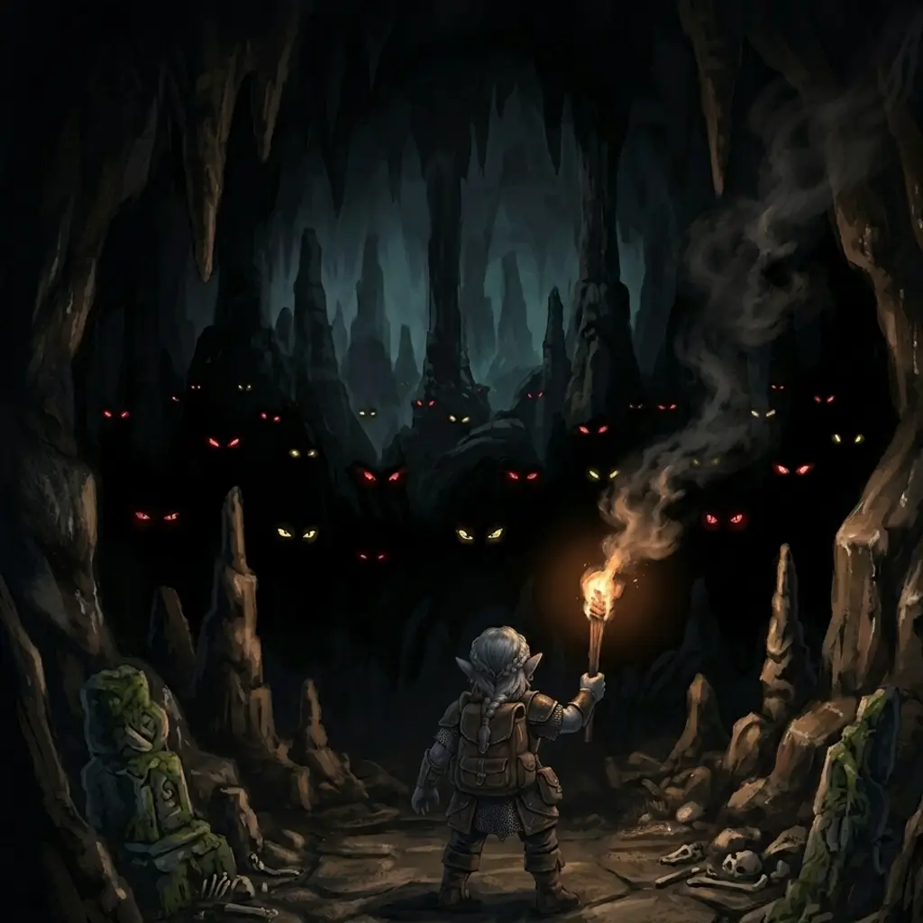 Das Beitragsbild zum Blogartikel Dunkelsicht in D&D: Warum deine Dunkelsicht für den A**** ist beinhaltet im Vordergrund eine Tiefengnom-Klerikerin, die in einer dunklen Höhle steht und deren Fackel gerade erlischt. Im Hintergrund sind in der Dunkelheit viele Monsteraugen zu erkennen.