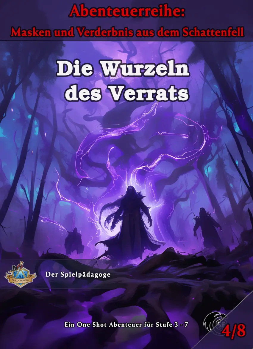 Auf dem Coverbild für das DnD Einsteiger Abenteuer Die Wurzeln des Verrats ist ein korrumpierter Lebensbaum zu sehen, von dem ein mysteriöses, lila Leuchten aus nekrotischer Energie ausgeht. Davor steht die schattenhafte Silhouette des Nekromanten.