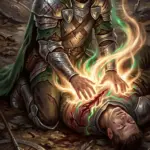 Das Beitragsbild zum Blogartikel Todesrettungswürfe in D&D 5e: So machst du es besser beinhaltet im Vordergrund einen menschlichen Kleriker, der versucht einen schwerverletzten zurückzubringen. Im Hintergrund ist ein Schlachtfeld zu sehen.