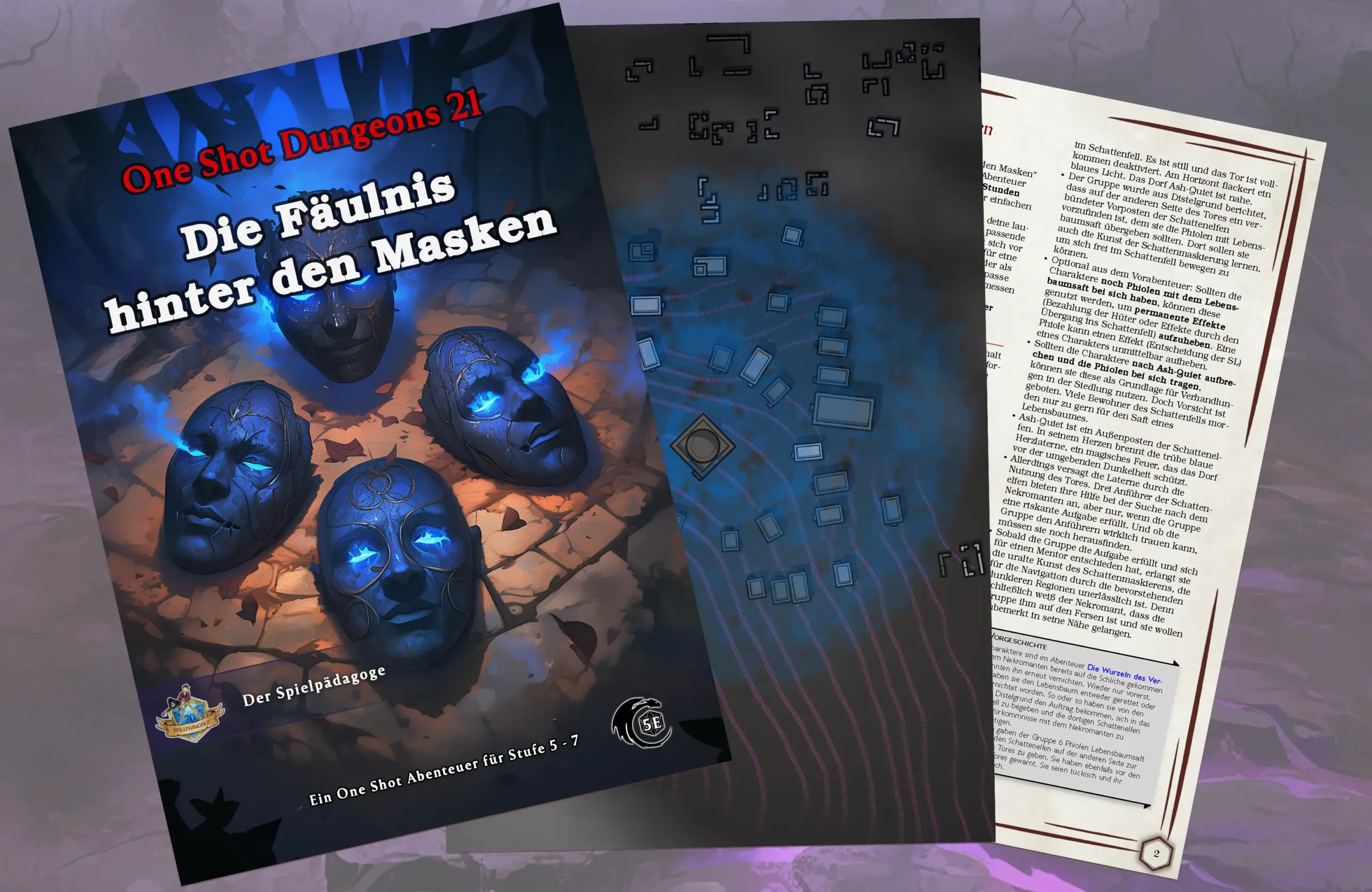 Bildübersicht mit Einblick in die Dorfkarte, die Zusammenfassung und das Coverbild zum DnD One Shot für das Shadowfell Die Fäulnis hinter den Masken für D&D 5e.
