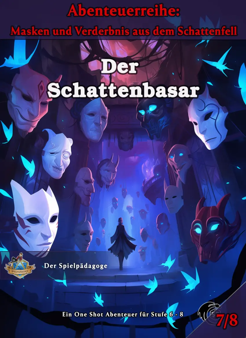 Auf dem Coverbild für das DnD One Shot Der Schattenbasar schweben etliche krude Masken der Marktteilnehmer umher, während eine Person durch einen langen Gang läuft.
