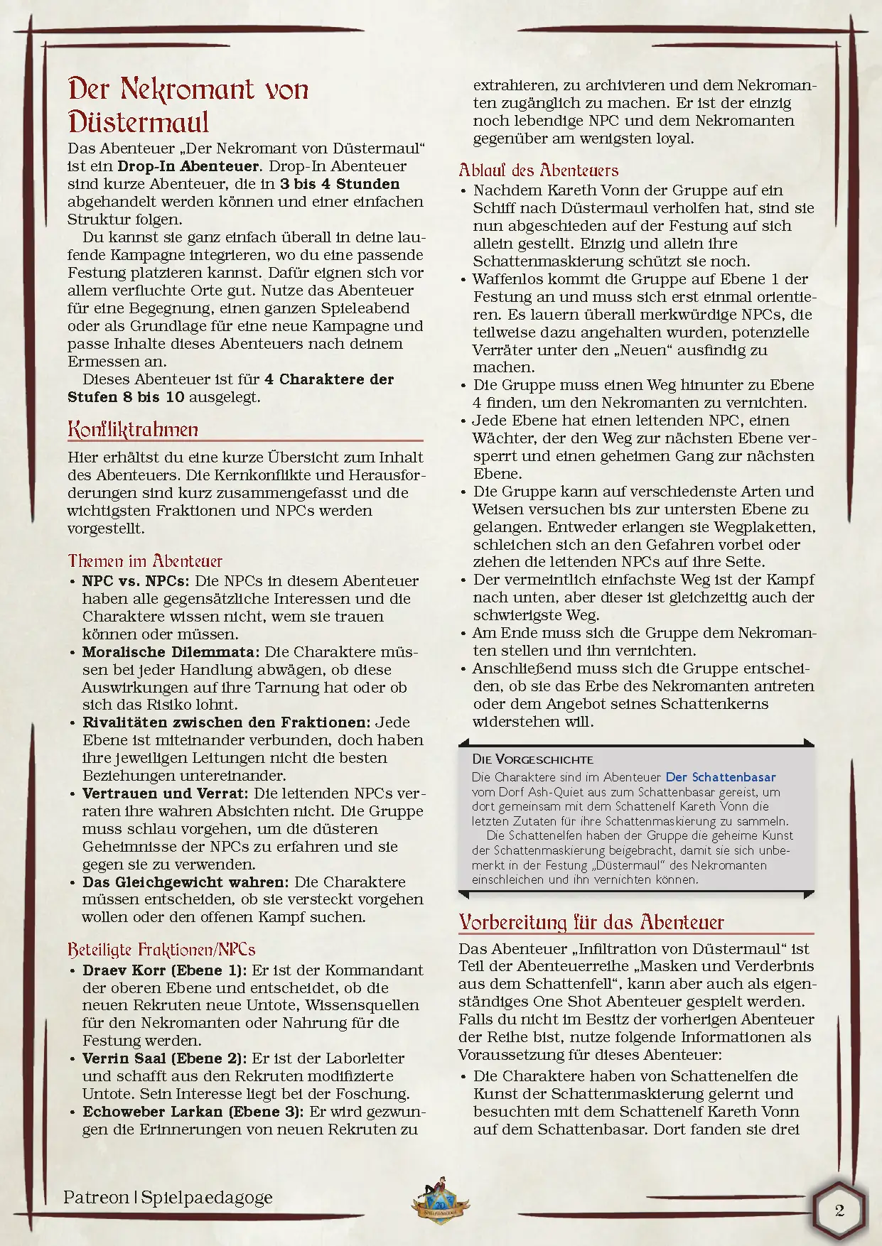 Auf dem Bild für das DnD One Shot für das Shadowfell Der Nekromant von Düstermaul befinden sich die Beschreibung und Gliederung des Abenteuers, um den Zusammenhang der Festung Düstermaul zu verstehen.