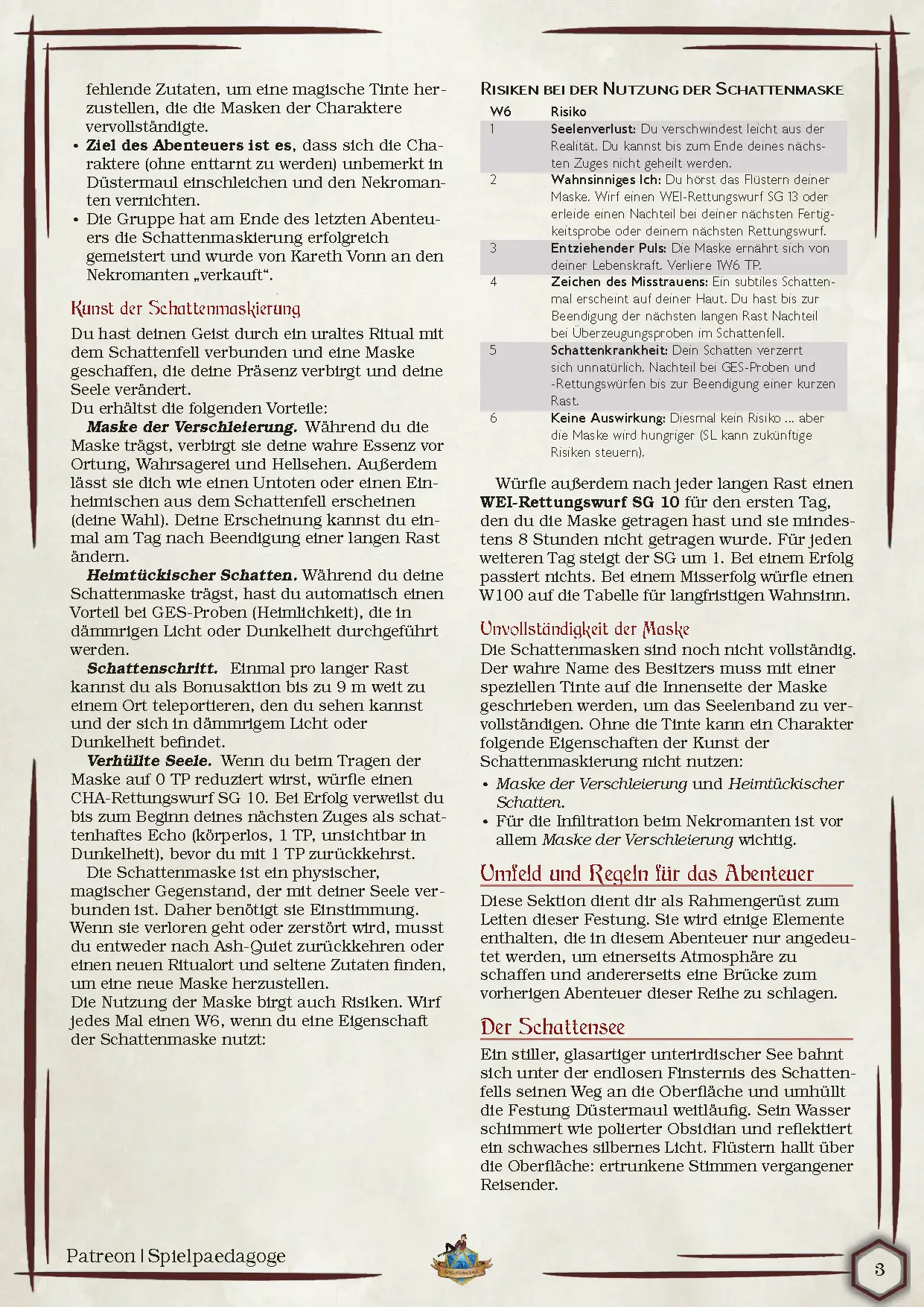 Auf dem Bild für das DnD One Shot für das Shadowfell Der Nekromant von Düstermaul befinden sich die Zusammenfassung des Abenteuers, die wesentlichen Konfliktpunkte im Abenteuer sowie die wichtigsten NPCs.
