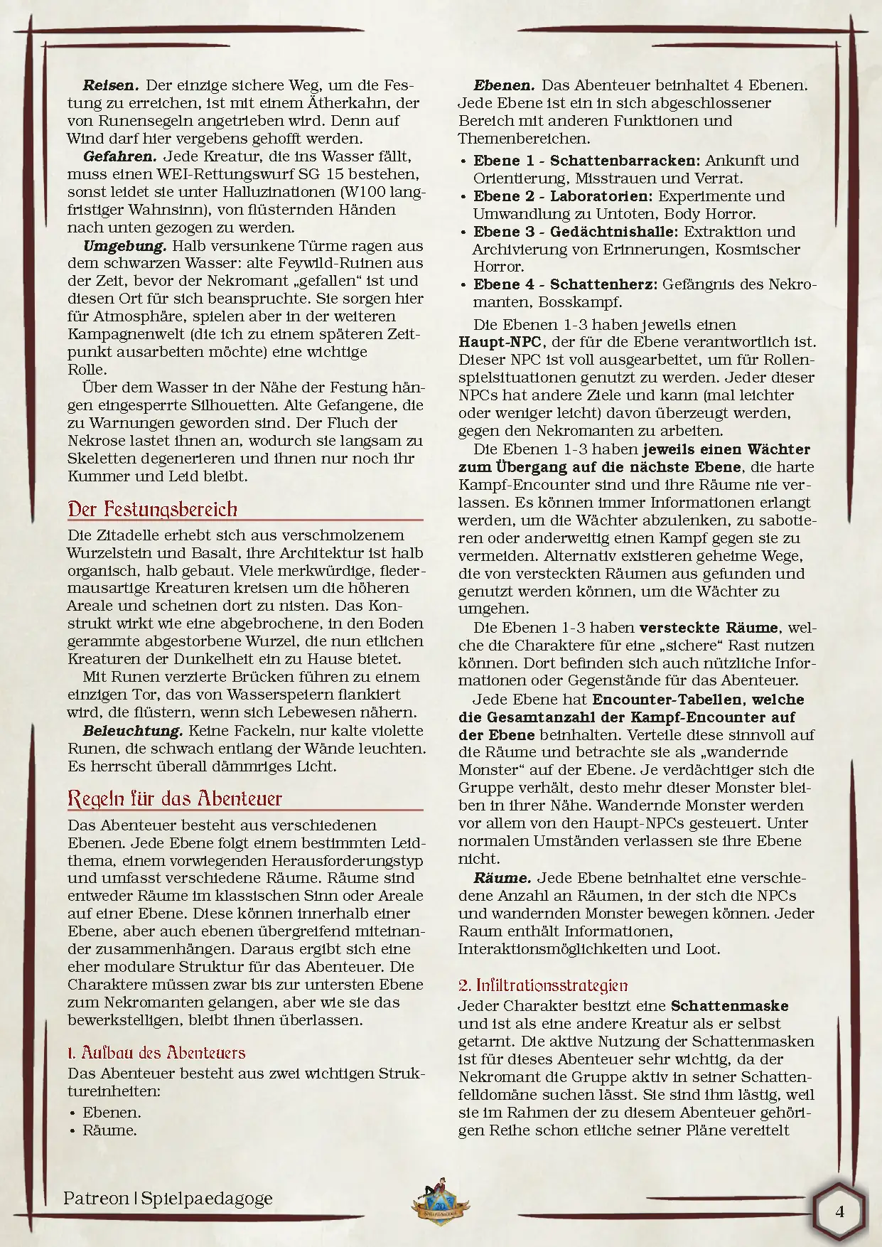 Auf dem Bild für das DnD One Shot für das Shadowfell Der Nekromant von Düstermaul befinden sich die Zusammenfassung des Abenteuers, die wesentlichen Konfliktpunkte im Abenteuer sowie die wichtigsten NPCs.