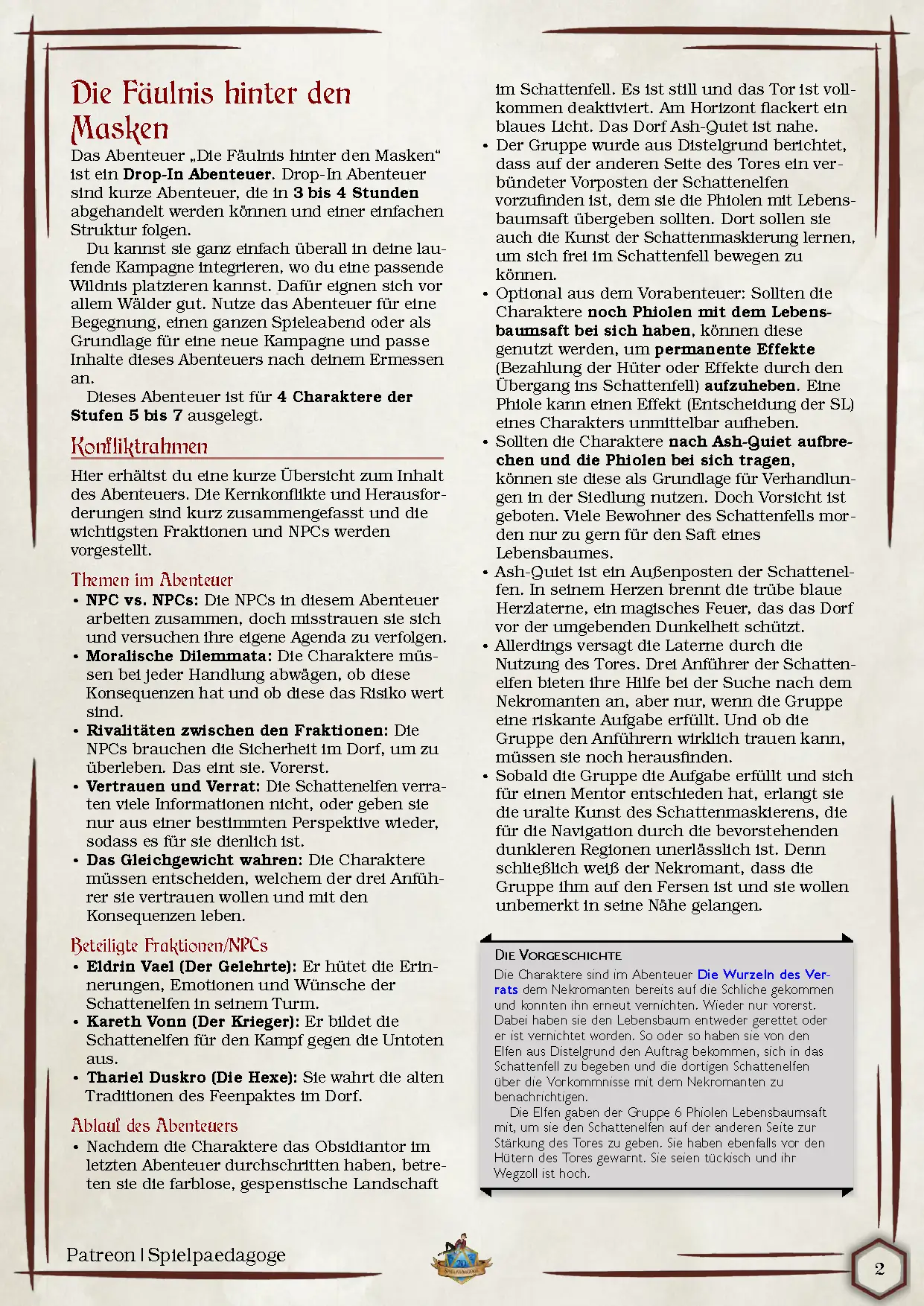 Auf dem Bild für das DnD One Shot für das Shadowfell Die Fäulnis hinter den Masken befinden sich die Zusammenfassung des Abenteuers, die wesentlichen Konfliktpunkte im Abenteuer sowie die wichtigsten NPCs.