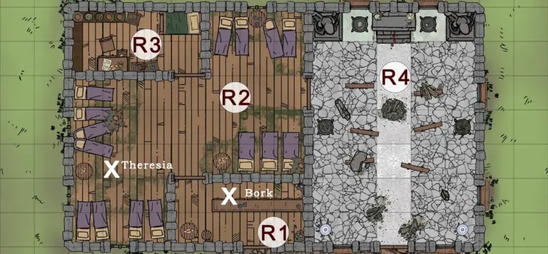 Auszug einer Battlemap für das DnD Anfänger Abenteuer Die Blutige Hochzeit. Ein altes heruntergekommenes Hospiz dient als Versteck der Kultisten "Kinder des Geistes".
