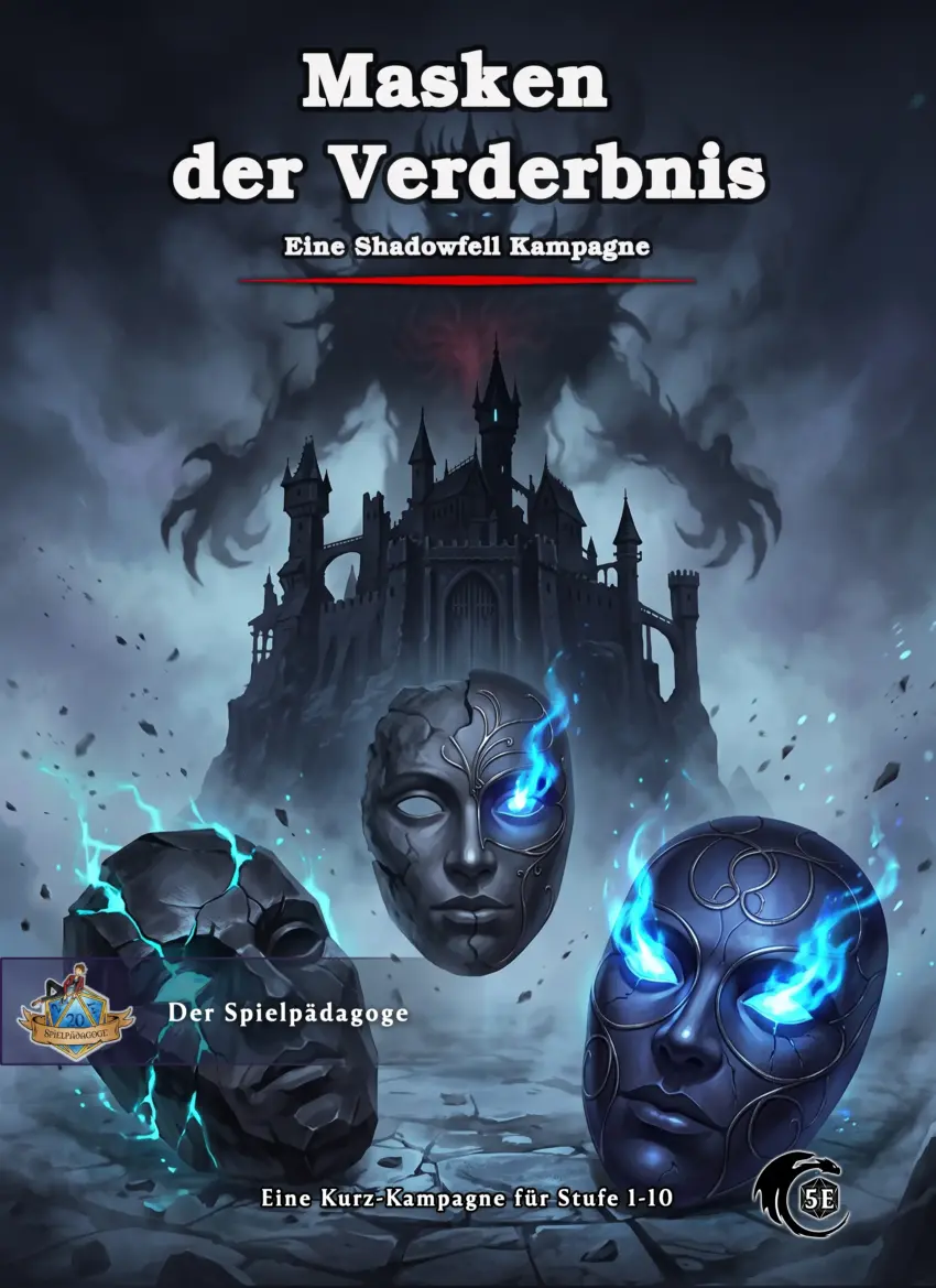 Auf dem Coverbild für die DnD Shadowfell Kampagne Masken der Verderbnis ist im Hintergrund der Schatten des Nekromanten zu sehen, wie er im Schattenfell über seiner Festung Düstermaul thront. Im Vordergrund sieht man drei unheimliche Obsidianmasken.