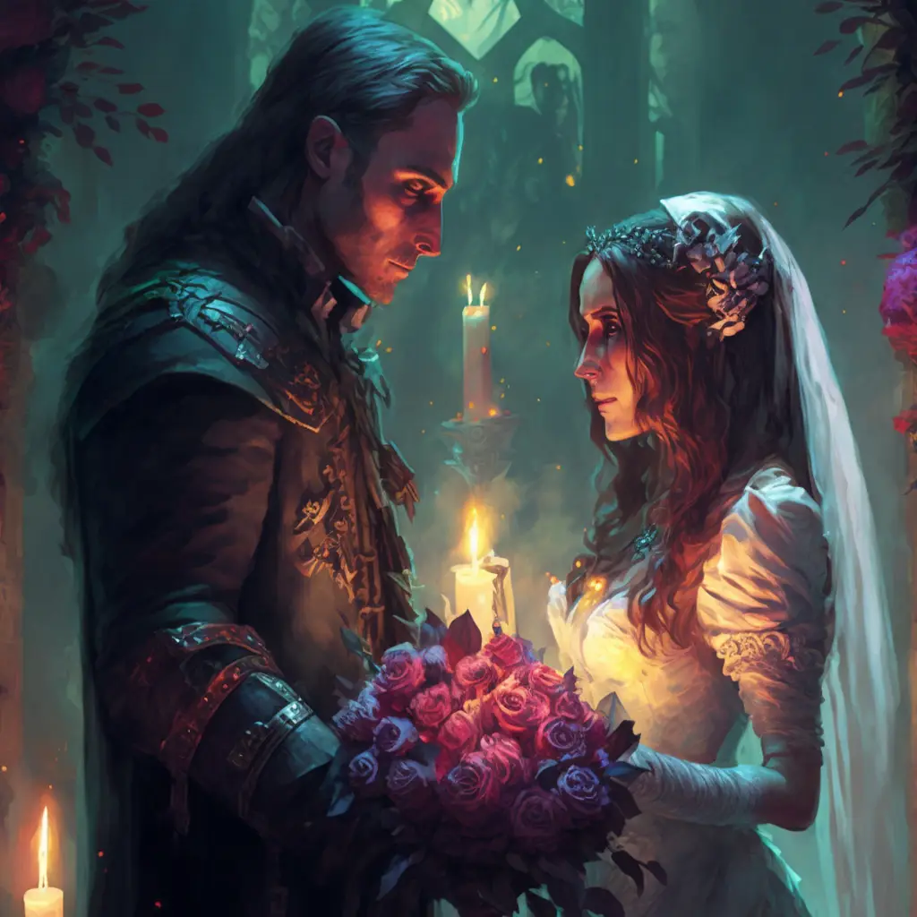 Coverbild für das DnD Anfänger Abenteuer Die Blutige Hochzeit. Ein heiratendes Paar, dass in einer düsteren Kirche steht.