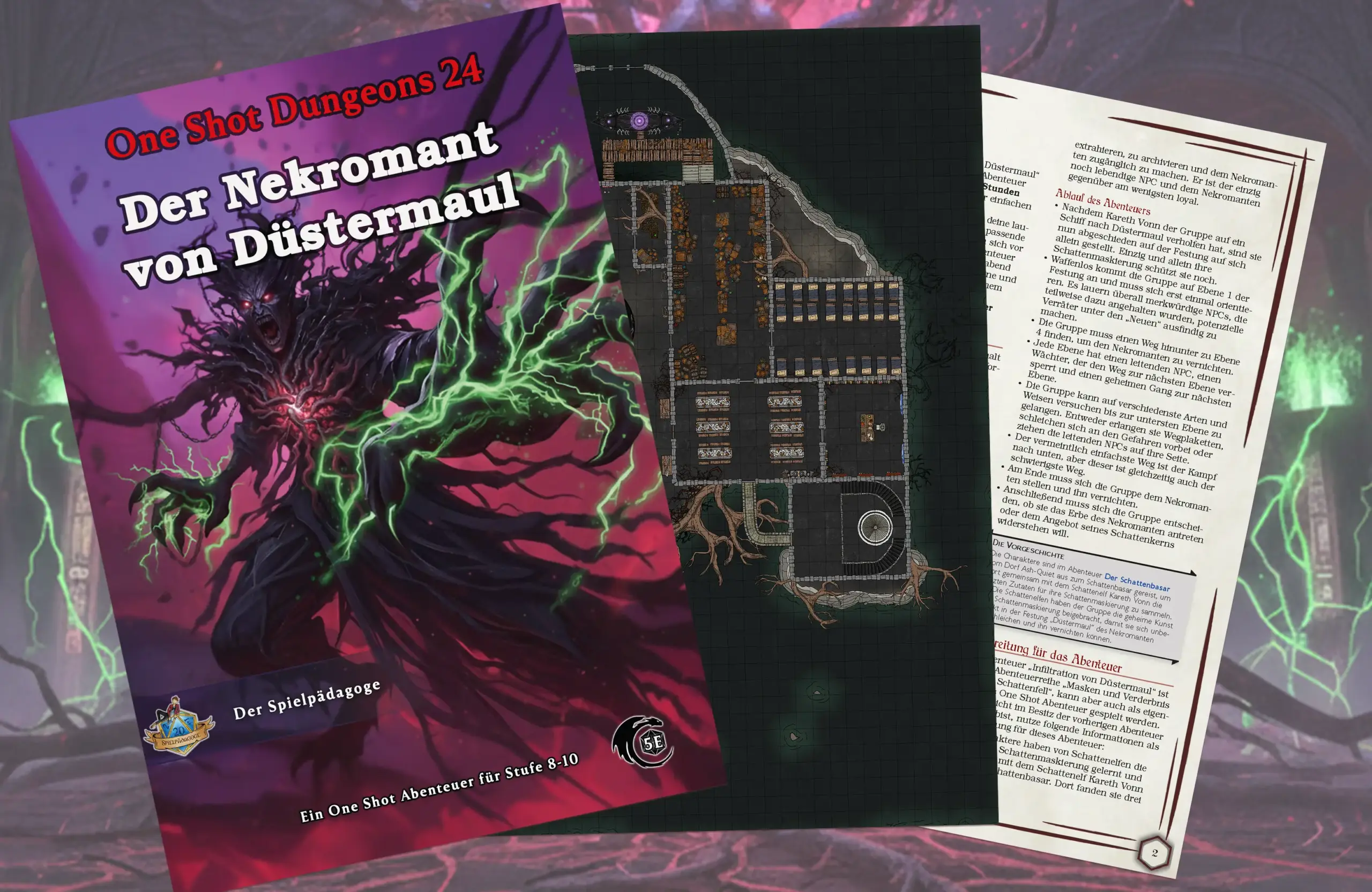Bildübersicht mit Einblick in eine Battlemap, die Zusammenfassung und das Coverbild zum DnD One Shot für das Shadowfell Der Nekromant von Düstermaul für D&D 5e.