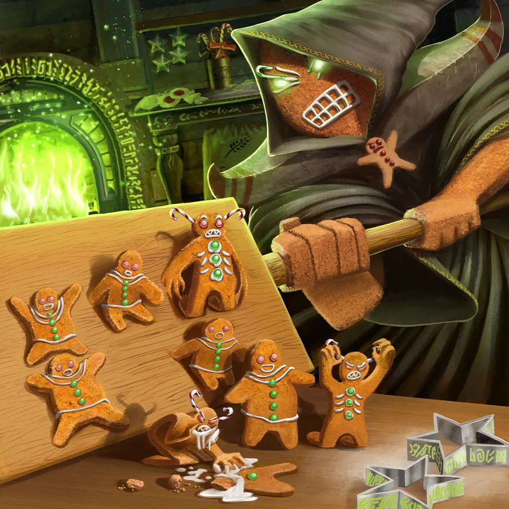 Coverbild zum Blogartikel DnD Weihnachten Abenteuer auf Deutsch: Übersicht aller PDFs und Foundry Module, worauf der Lekrumant als nekromantischer Weihnachtsbäcker zu sehen ist und sich seine Armee backt, mit Ofen im Hintergrund