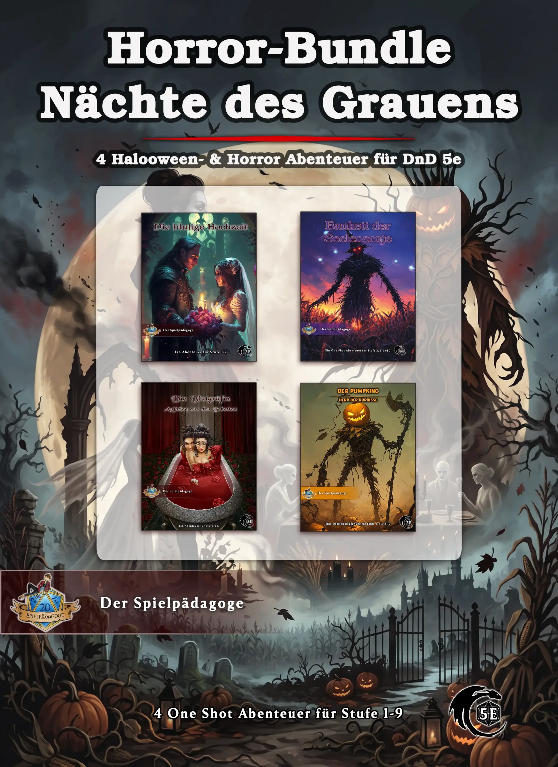 Das Cover des DnD Halloween Abenteuer als Horror Bundle "Nächte des Grauens" zeigt im Vordergrund die vier Cover des Bundles als kleine Übersichtbilder. Im Hintergrund scheint ein heller Mond mit Bestandteilen aller Abenteuer darin. Der Mond bescheint nachts einen gruseligen Friedhof mit Kürbisbewuchs.