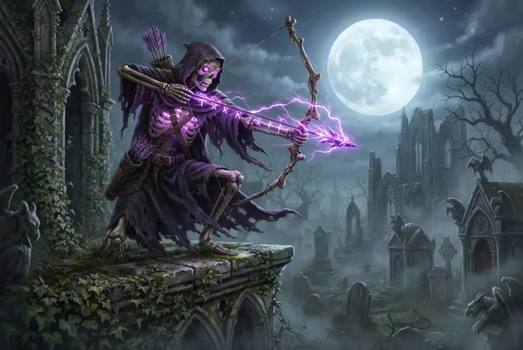 Auf dem Bild ist das DnD Monster Skelett zu sehen, wie es als Bogenschütze auf einem Friedhof lauert und einen lila leuchtenden magischen Pfeil abschießt