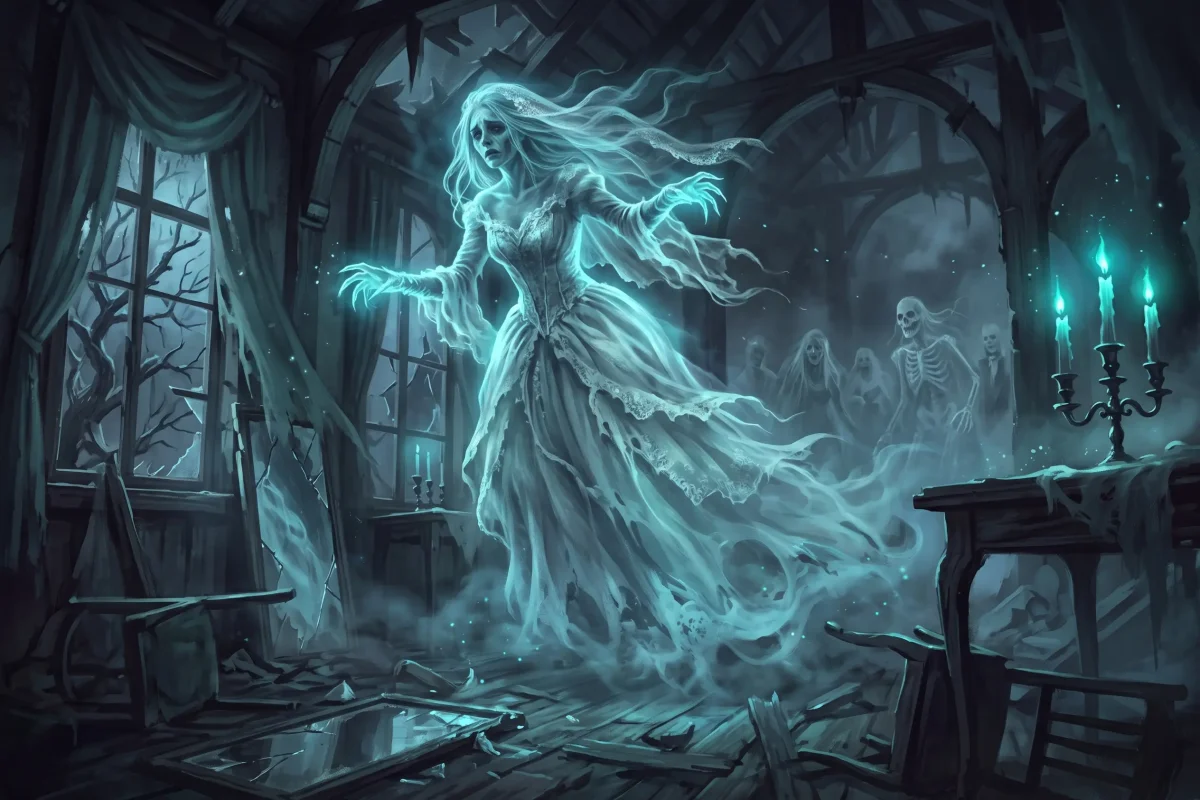 DnD Monster Geist, der als Schreckgespenst bei Nacht in einem verlassenen Herrenhaus umherstreift.