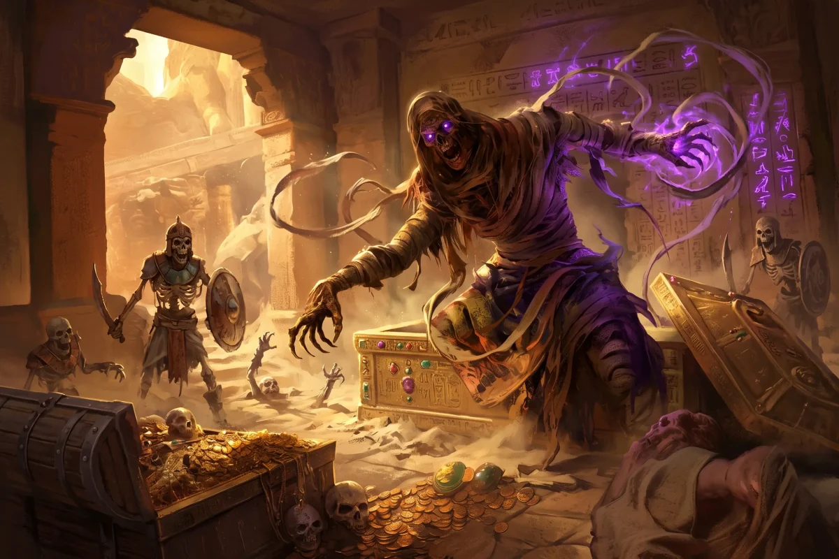 DnD Horror Monster Mumie, die gerade aus dem Sand vor ihrem Grab aufersteht.