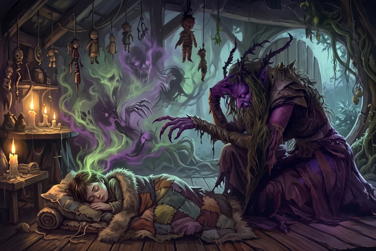 DnD Horror Monster Nachtvettel, die in ihrer Hütte an einem kleinen Tisch sitzt und tief in ihren Albträumen versunken ist.