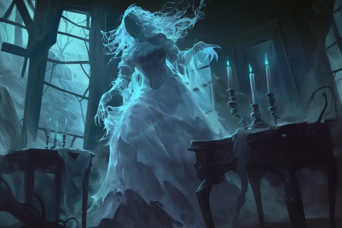 ghost_blog DnD Monster Geist, der als Schreckgespenst bei Nacht in einem verlassenen Herrenhaus umherstreift.