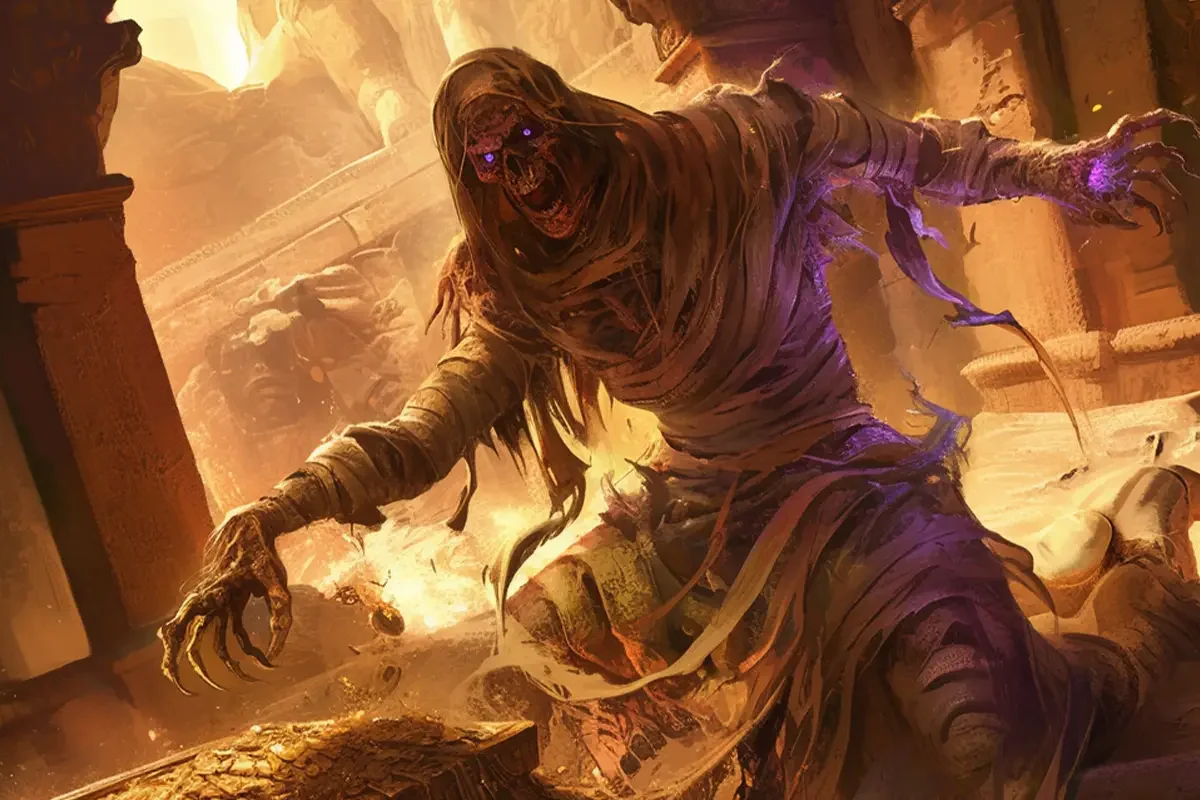 mummy_blog DnD Horror Monster Mumie, die gerade aus dem Sand vor ihrem Grab aufersteht.