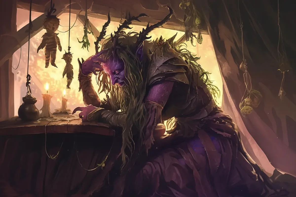 nighthag_blog DnD Horror Monster Nachtvettel, die in ihrer Hütte an einem kleinen Tisch sitzt und tief in ihren Albträumen versunken ist.