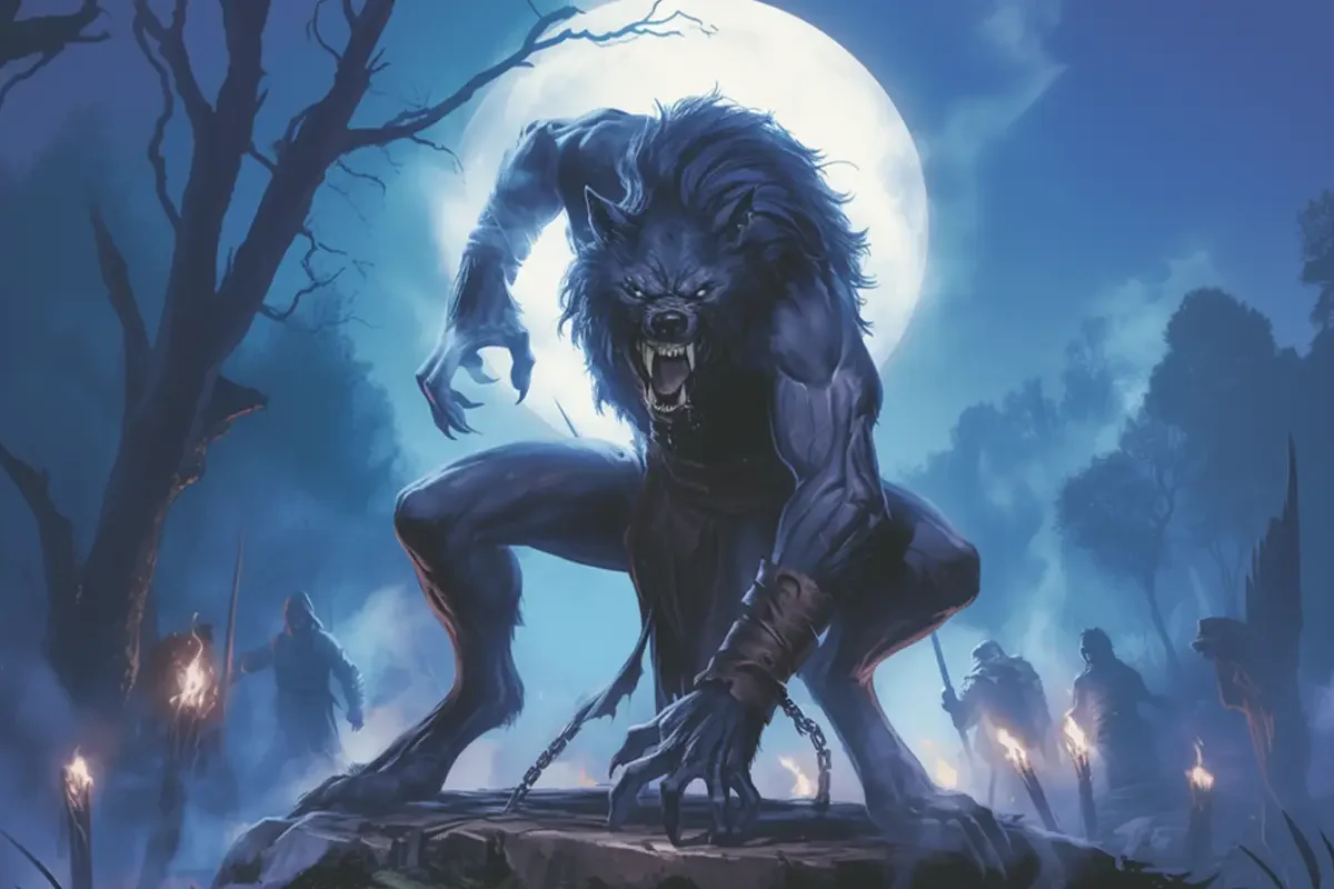 werwolf_blog DnD Horror Monster Werwolf, der sich von seinen Ketten befreit hat und bereit zum Kampf ist. Im Hintergrund stehen aufgebrachte Bauern mit Speeren.